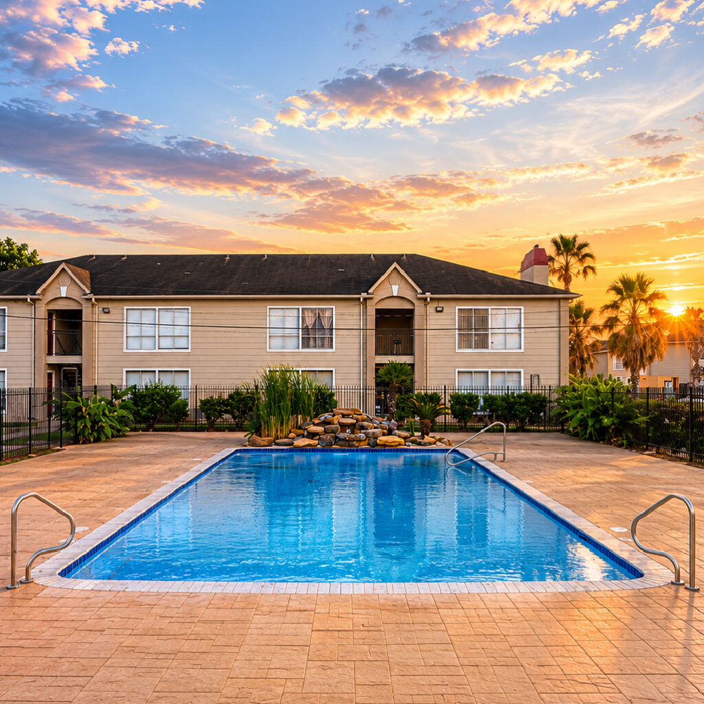 Community swimming pool at sunset - The Park at Edgebrook - Houston TX