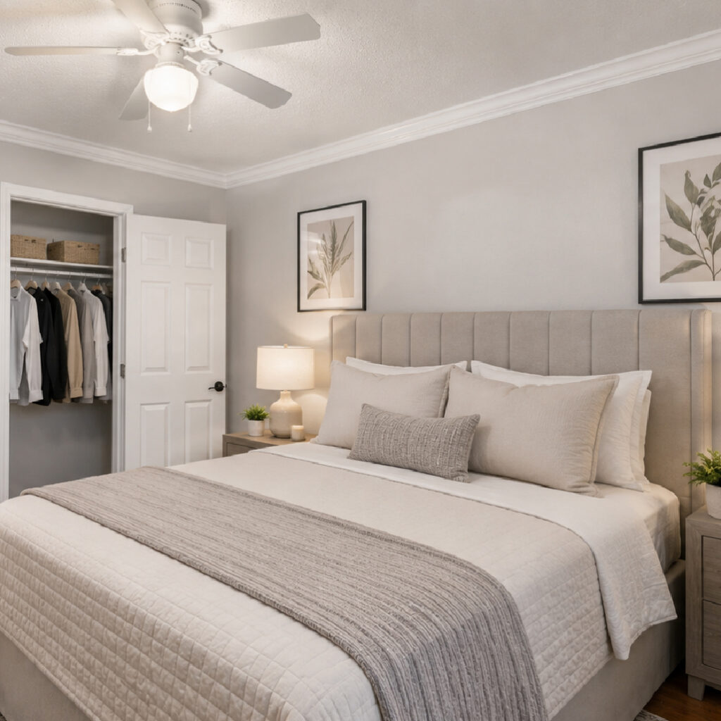 Bedroom with walk-in closet and ceiling fan - The Park at Edgebrook - Houston TX
