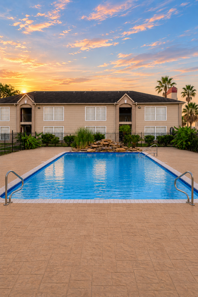 The swimming pool with lounge chairs and the buildings behind
